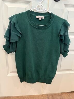 Nanette Lepore Emerald Green Ruffle-Sleeve Knit Top